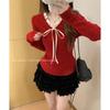 Bow lace-up v-neck twist knitted sweater pullover christmas red sweater women's autumn bottoming top