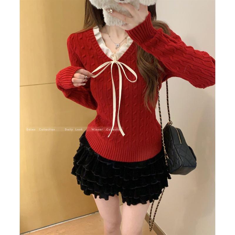 Bow lace-up v-neck twist knitted sweater pullover christmas red sweater women's autumn bottoming top