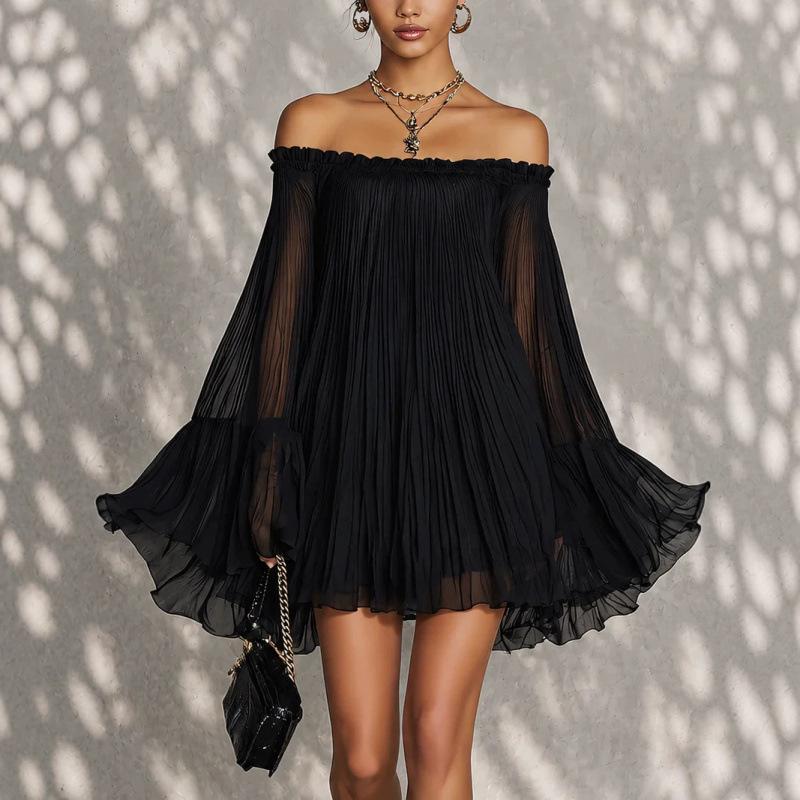 2026 summer new black one-word shoulder halter pleated lantern sleeve mini fashion dress S чёрный