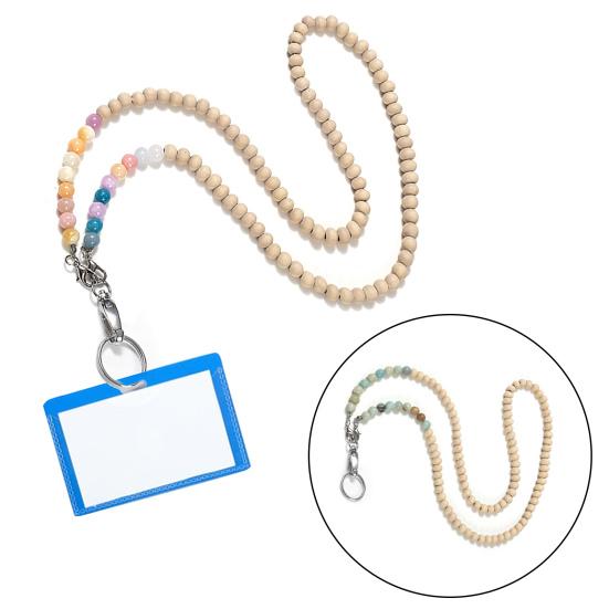 Stylish Beaded Lanyard ID Badge Holder with Lobster Clasp Keyring Natural Wood Beads Work Card Lanyard
