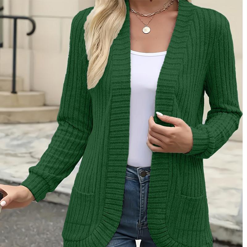 Frühlings- und Herbstmode Damen Einfarbig Lässige Rippstrick Gebürstete Strickjacke