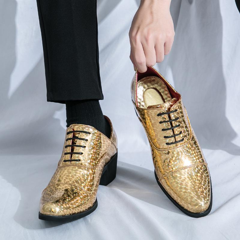 Men's Glossy Leather High Heel Shoes, Large Size, 6cm Height Increase, Trendy Nightclub Style for Spring and Autumn