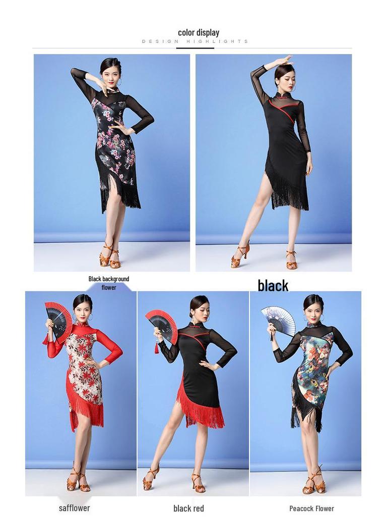 Autumn New Latin Dance Mesh Tassel Cheongsam Dress for Women - Practice & Performance