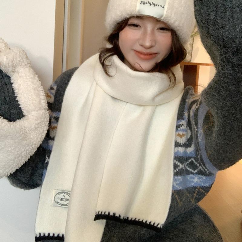 White wool versatile soft waxy knitted scarf women's winter warm long scarf casual couple