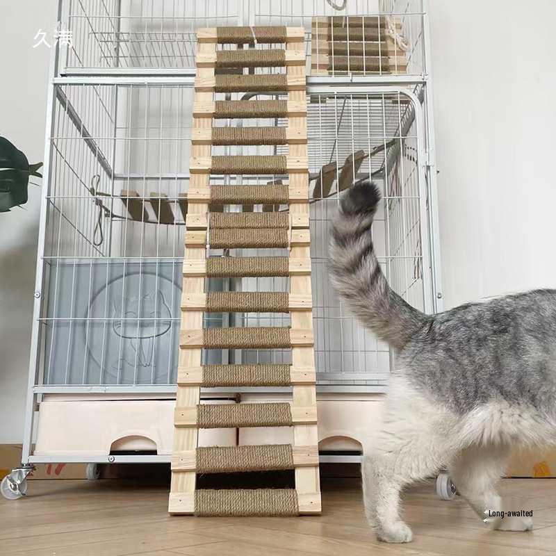 Solid Wood Cat Climbing Ladder with Jute Scratch Board and Stairs