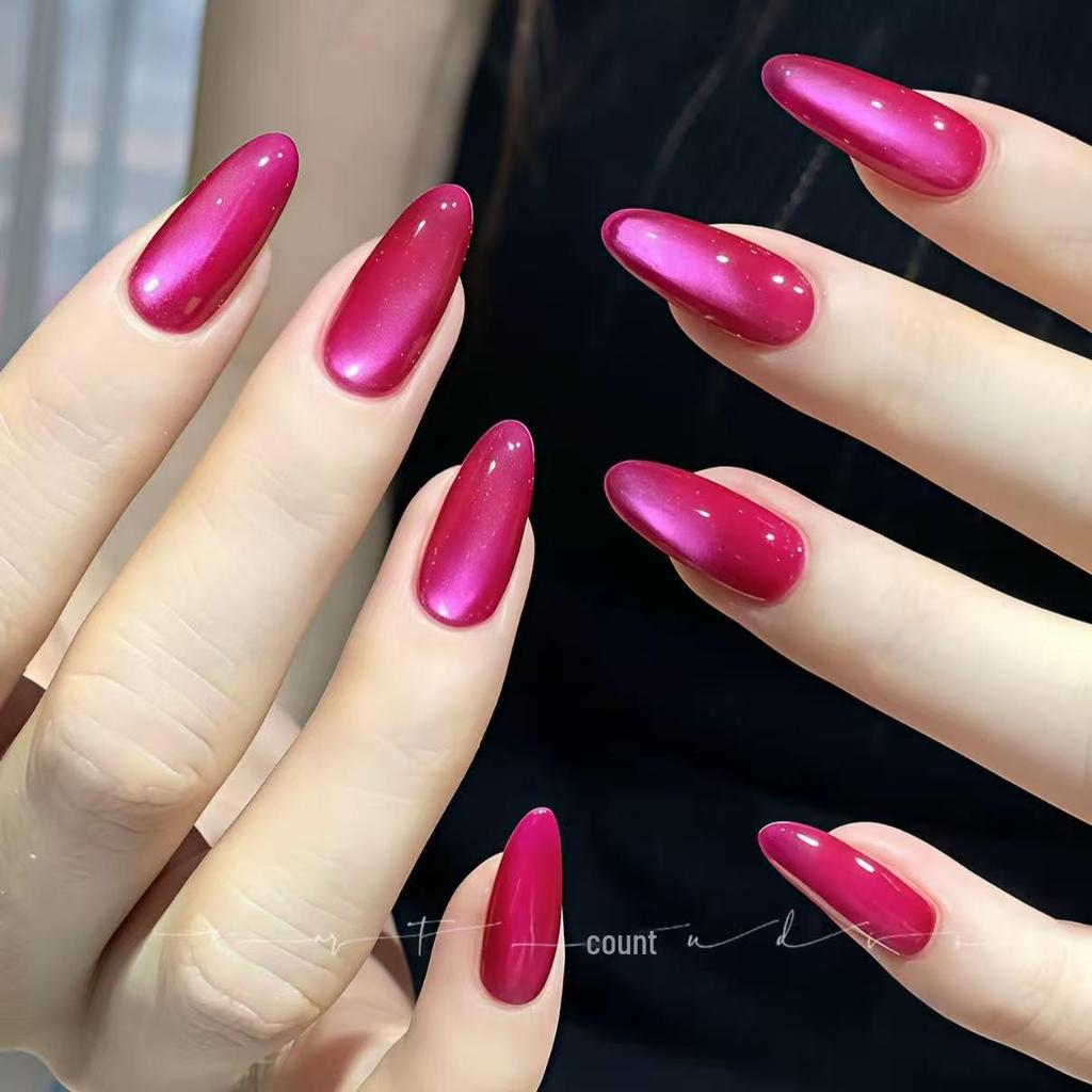 Pitaya Color Rose Red Shiny Cat Eye Manicure Almond Fake Nails