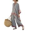 Women's Stripe 2 Piece Outfit Crew Neck Half Sleeve Top And Wide Leg Pants Set Casual Loose Beach Set