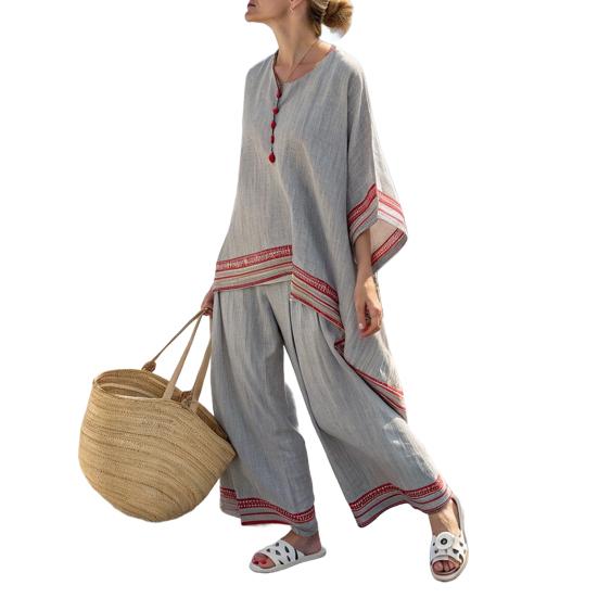 Women's Stripe 2 Piece Outfit Crew Neck Half Sleeve Top And Wide Leg Pants Set Casual Loose Beach Set