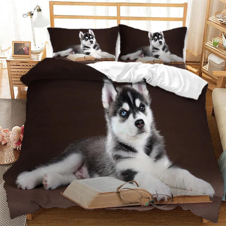 Cute Husky Duvet Cover Set Animal Printed Double Bed Three-Piece Quilt Cover Pillowcase Set