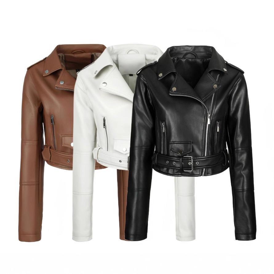 Cross-border Women's PU Jacket Short Belt Adjustable Belt Zipper Lapel Jacket Leather Jacket