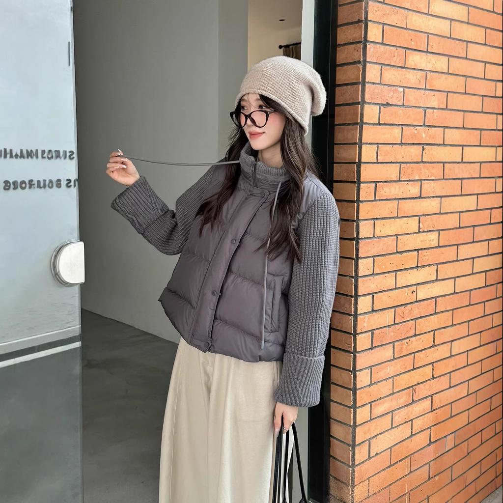 Korean% white duck down super good-looking knitted splicing stand-up neck down jacket women's winter versatile warm jacket