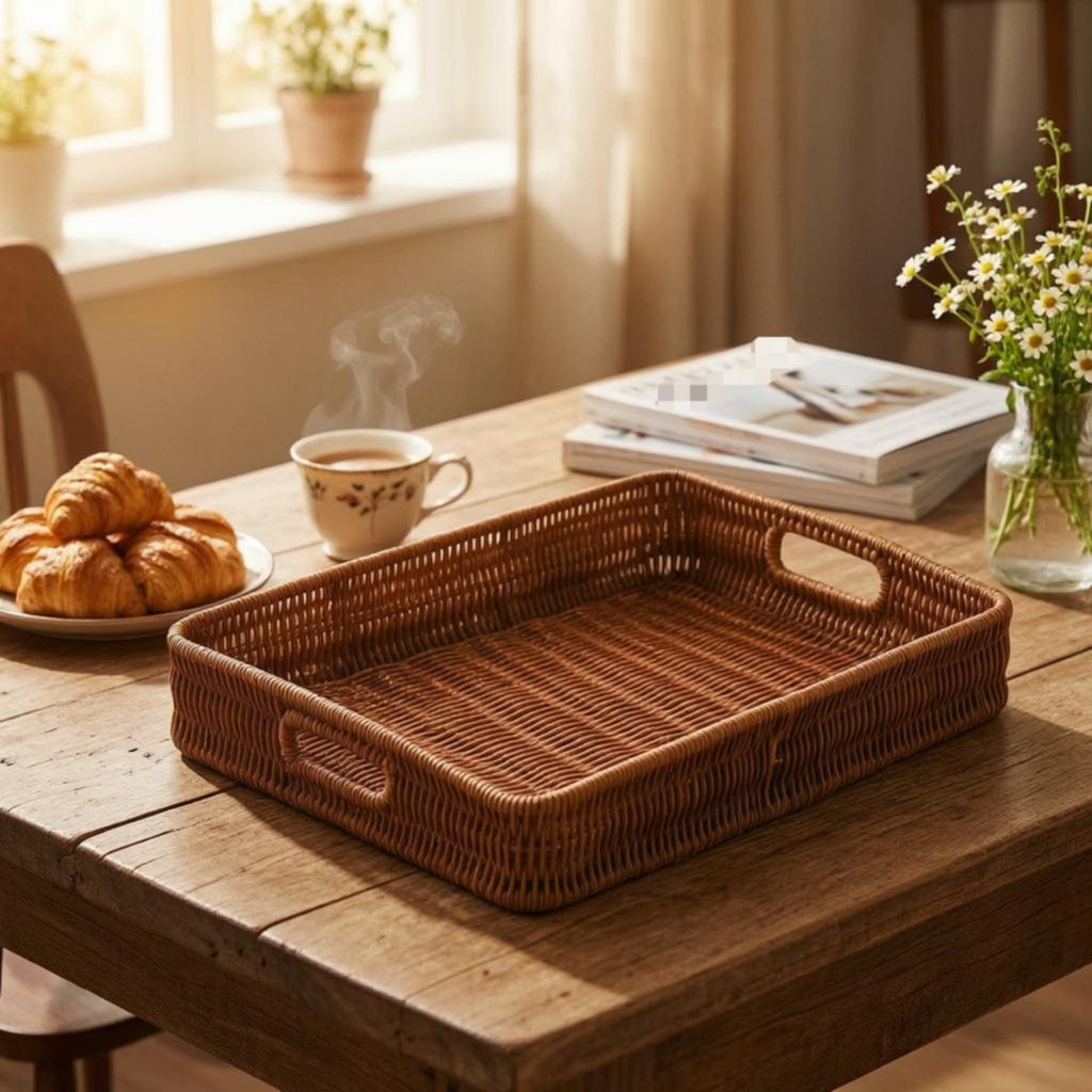 Wicker Basket Tray Rectangular Rattan Tray Basket Flat Base Low Sided for Tabletop