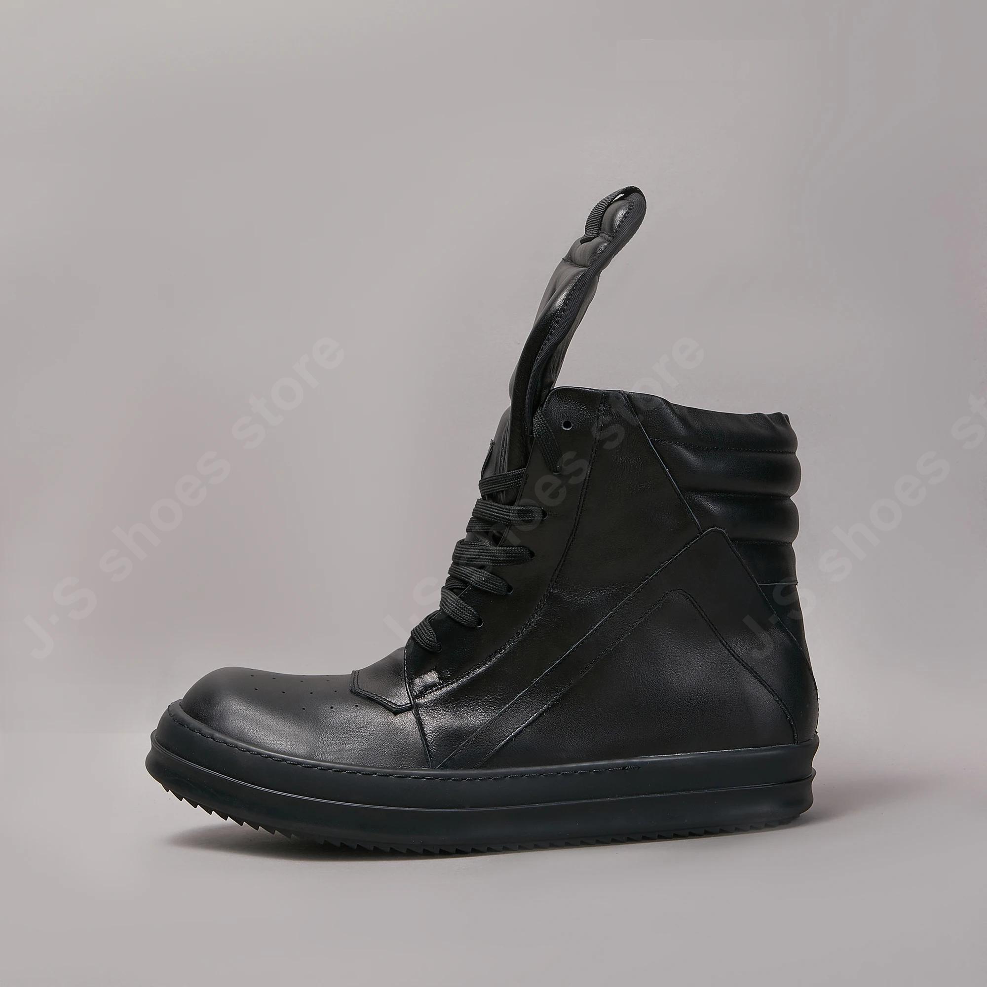 

R-o Genious Кроссовки Полностью Черная Кожа Обувь Хайтопы Мужские Кроссовки Молния Женские Повседневные Туфли Дизайн Geobasket Ботильоны 48