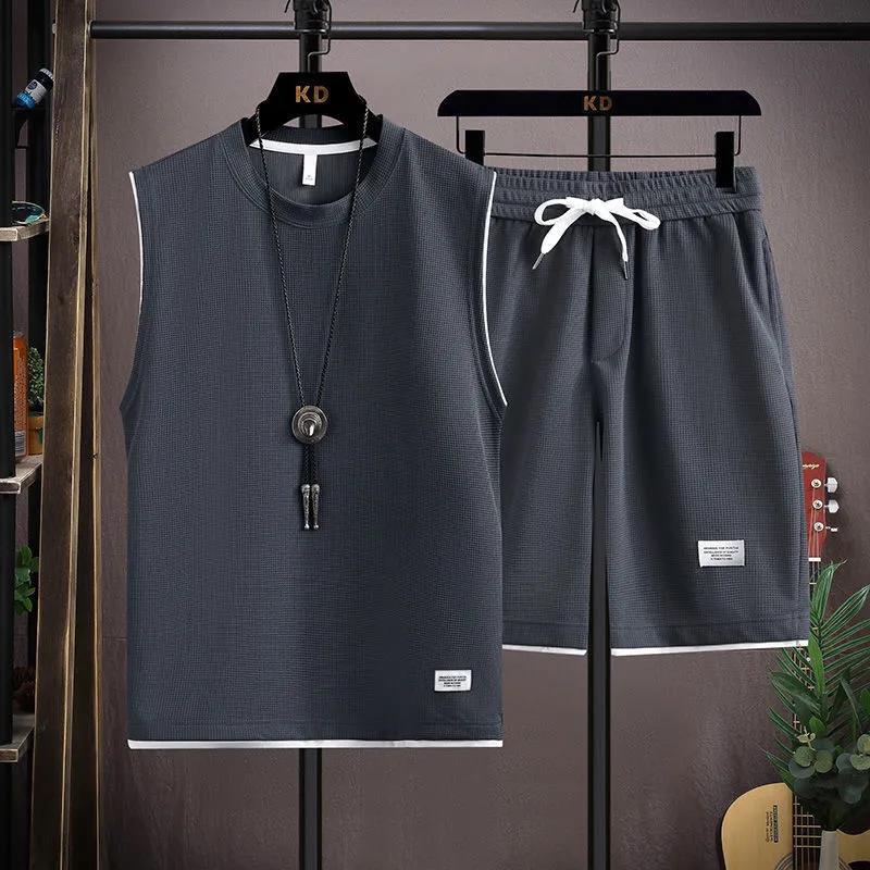 Men's Summer Loose Casual Sports Suit Sleeveless T-shirt + Shorts Solid Color Plus Size Simple Two-piece Set