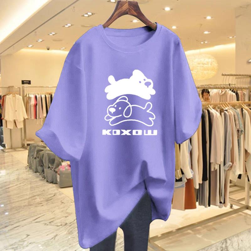 Women's Summer White Cartoon Print Cotton T-Shirt, Loose Fit, Mid-Length, Short Sleeve