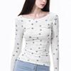 Y2K autumn sweet and fresh star print long sleeved women's round neck slim fit top