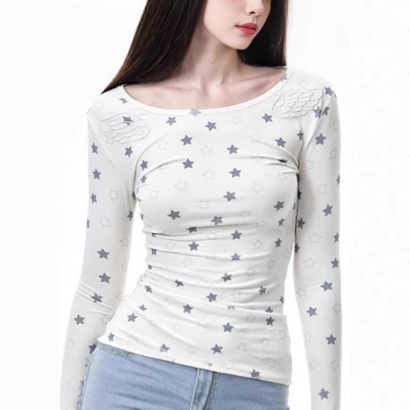 Y2K autumn sweet and fresh star print long sleeved women's round neck slim fit top