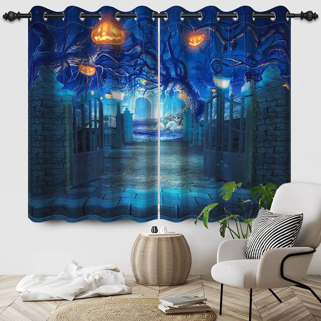 2pcs/set Horror Halloween Window Curtain Full Moon Night Tomb Iron Gate Back Room Home Bedroom Decor Blackout Polyester Curtains