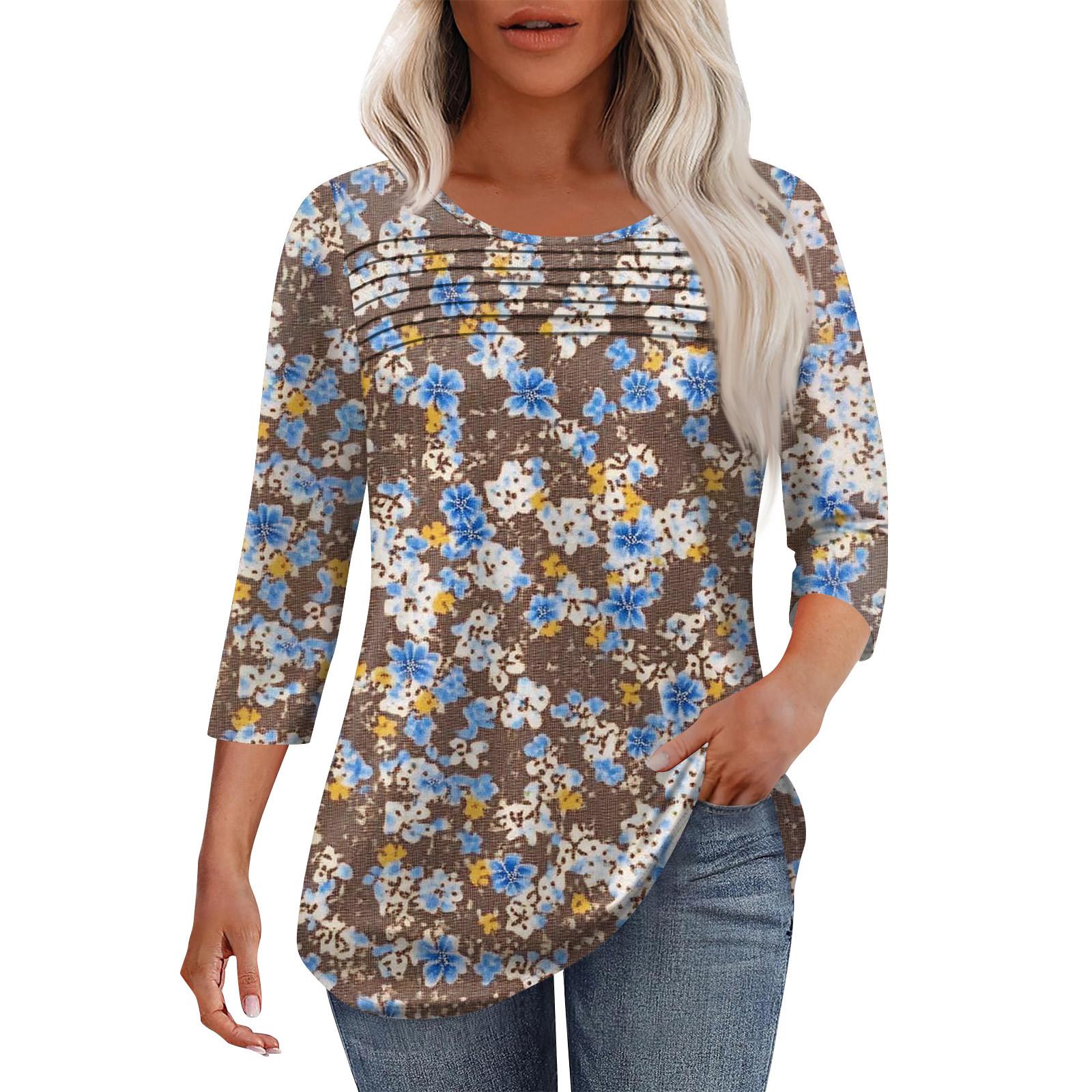 

Женская мода круглый вырез горловины плиссированная передняя планка топ рукав 3/4 S коричневый