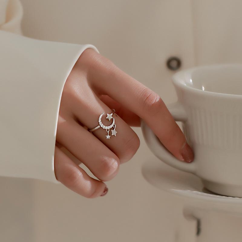 New Korean Star Moon Tassel Ring for Women, Silver Minimalist Leaf Feather Adjustable Finger Ring Jewelry