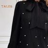 Women Dress Lace-up Bow Faux Pearl A-line Puff Sleeves Pure Color Above Knee Length Mini Dress Prom Party Dating Short Dress