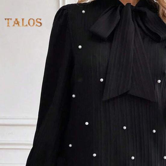 Women Dress Lace-up Bow Faux Pearl A-line Puff Sleeves Pure Color Above Knee Length Mini Dress Prom Party Dating Short Dress