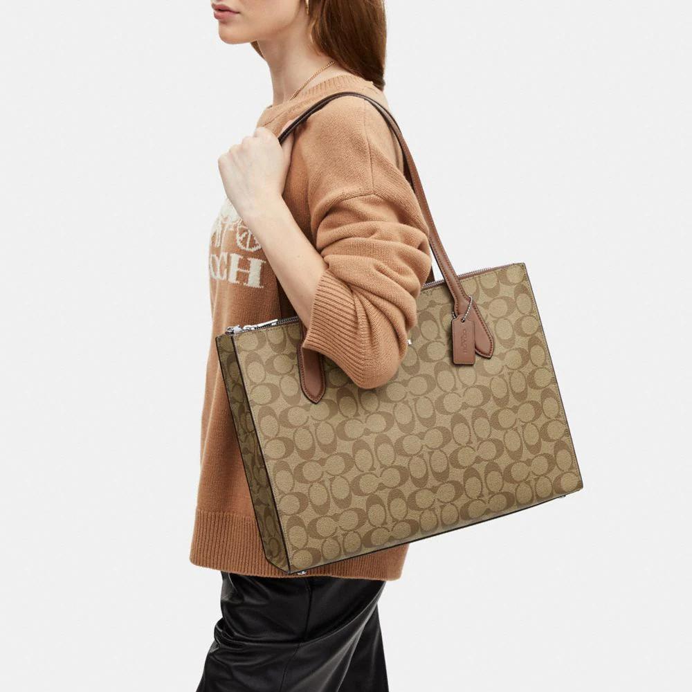 Coach Classic Monogram Multifunctional Pocket Magnetic Closure Canvas And Leather Tote Bag Women Tote Light-Brown CL399-SVBDX