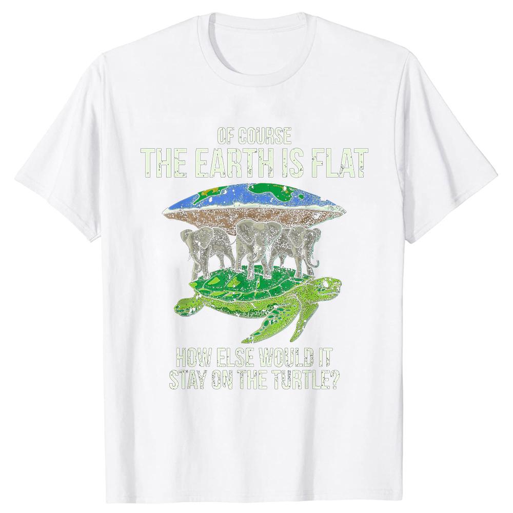 Fun Flat Earth Association Tshirt with Turtle and Elephant Print Street Style Round Neck Harajuku Shortsleeved for Women Y2K
