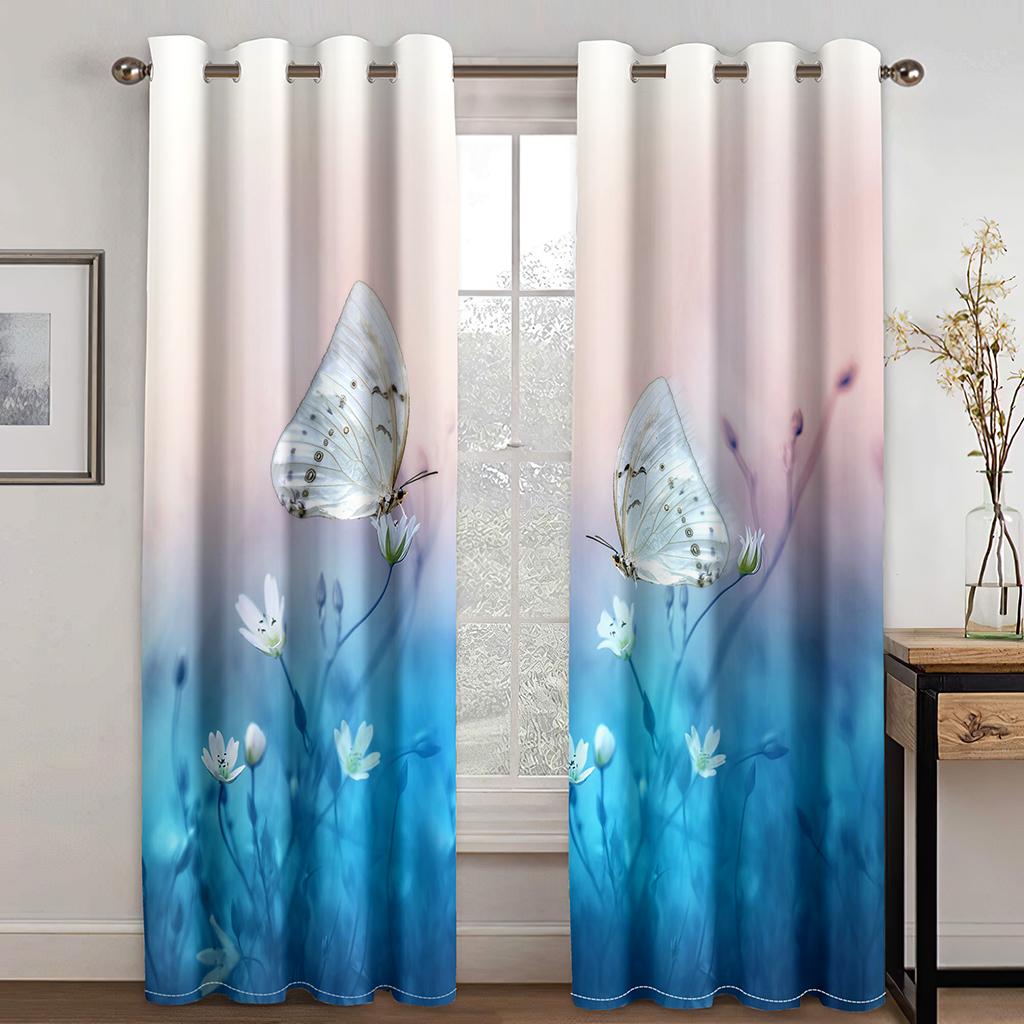 Modern Colorful Design Blue Butterfly Flower 2 Pieces Thin Shading Window Drape Curtains for Living Room Bedroom Home Decor Hook