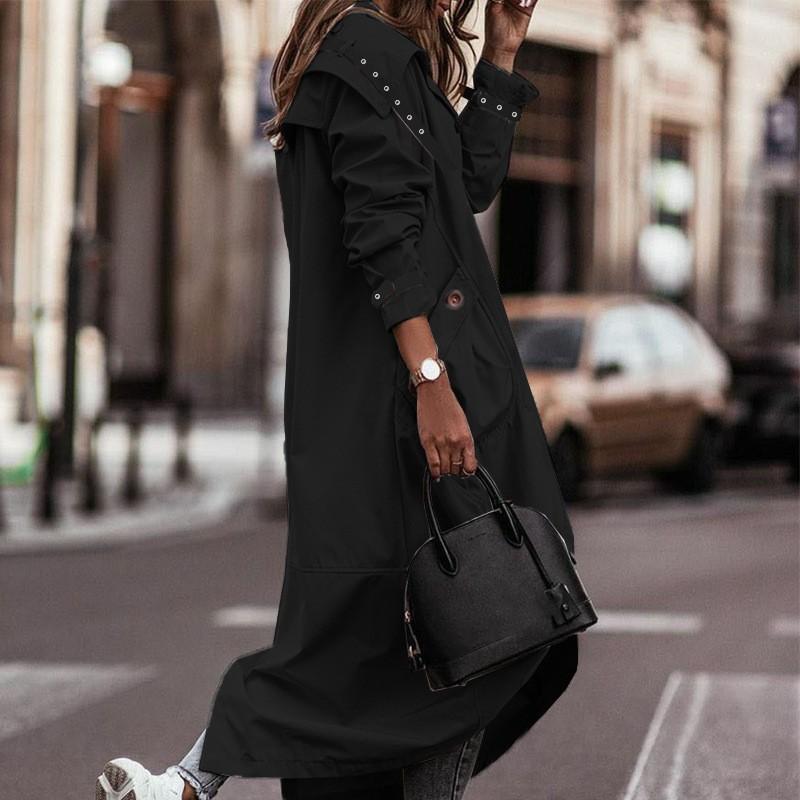 Giacca a vento da donna autunnale con temperamento, personalità, design casual con colletto ampio, tinta unita, lunghezza media-lunga per il pendolarismo