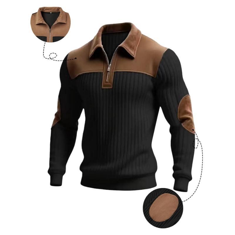 Men Casual Knitted Polo Shirt Half Zip Collar Patchwork Long Sleeve Pullover
