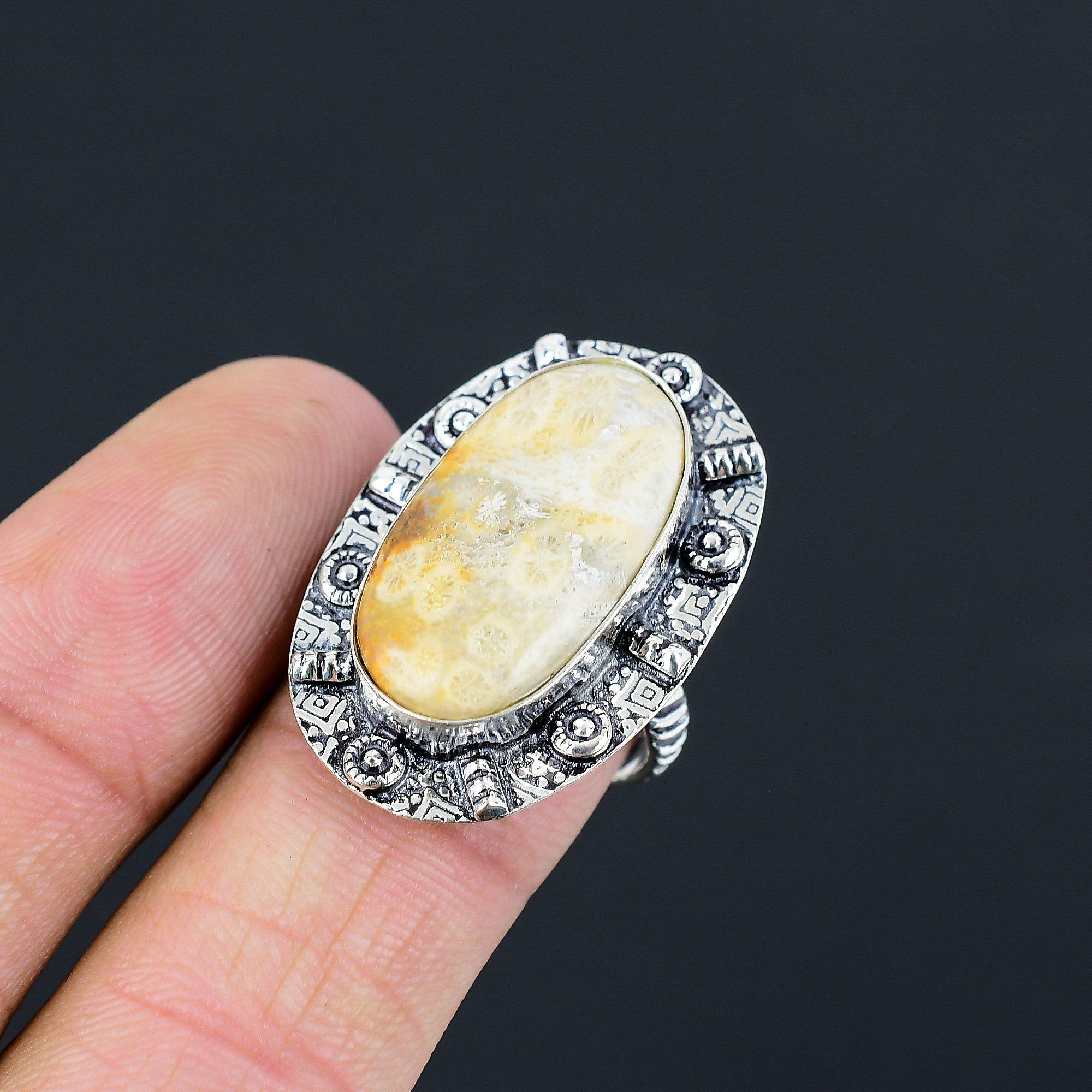 

Natural Fossil Coral Gemstone Statement Ring Size 9 925 Sterling Silver Jewelry 9