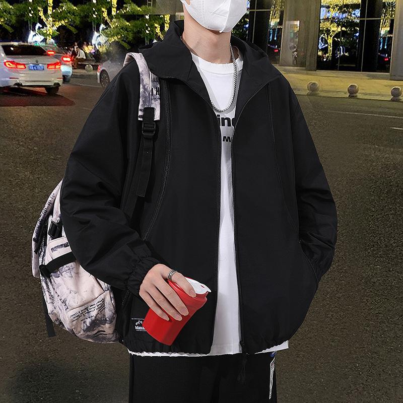 

Ретро-куртка Куртка для мужчин и женщин, весна и осень Ruffian Handsome Молния Сращивание Функция, Ветрозащитный капюшон High Street Воротник-стойка 3XL чёрный