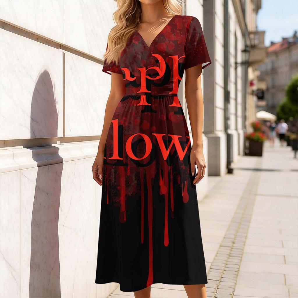 Women's V-Neck Short Sleeve Casual Dress with Halloween Print for Party and Daily Wear