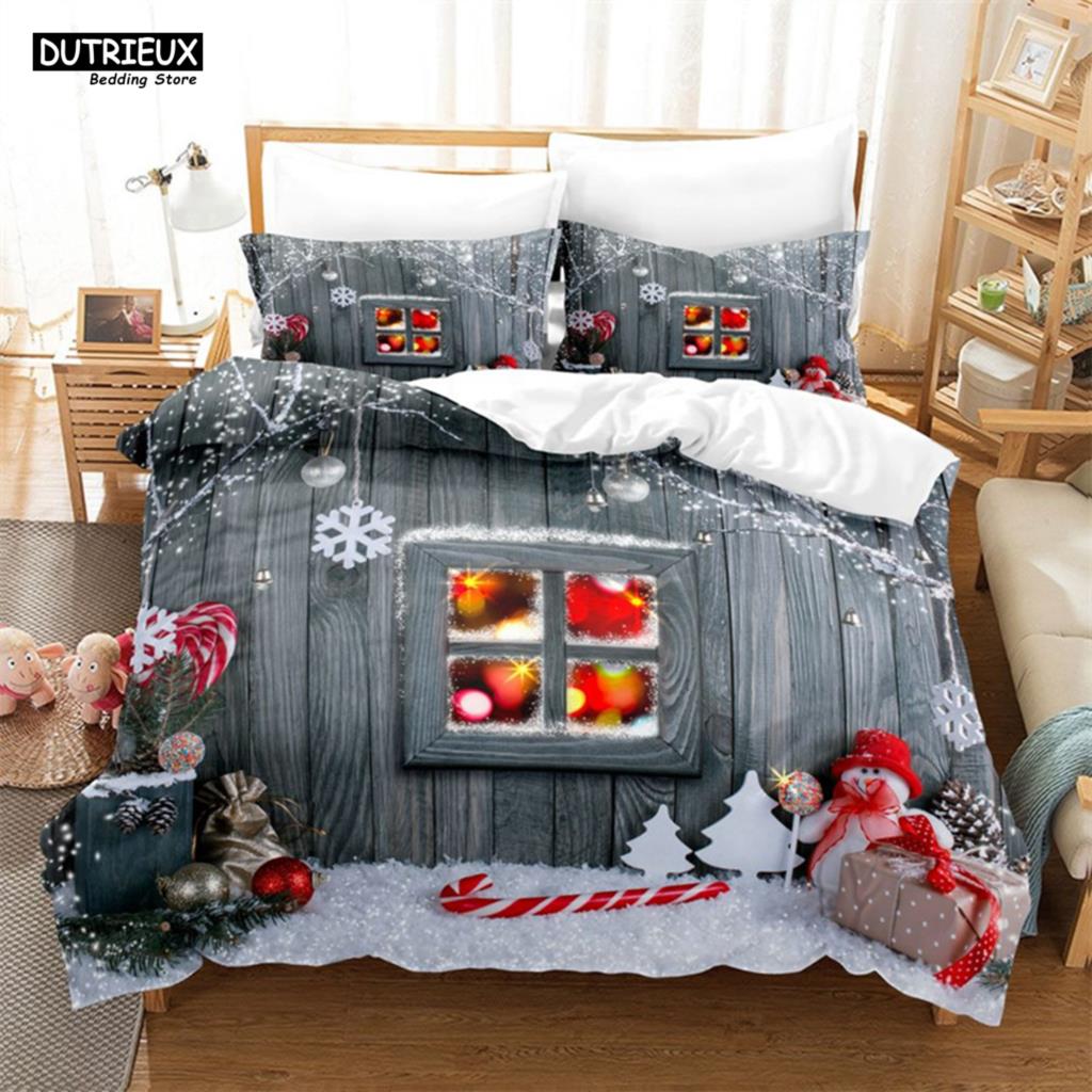 Christmas Santa Duvet Cover Set Winter Theme Cartoon Bedding Set Microfiber Santa Claus Elk Carriage Comforter Cover Girl Boy