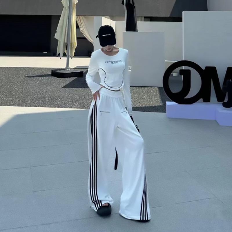 Women's Embroidered Striped Sweatpants - Spring/Autumn 2025 Trendy American Wide-Leg Floor-Length