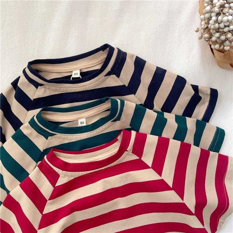 Children's Summer Clothing Korean Loose Striped Short Sleeved T-shirt Boys and Girls Stylish Versatile Top