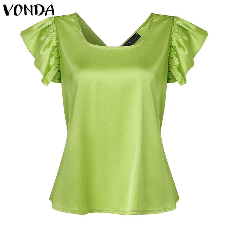 ZANZEA Women Square Collar Ruffled Short Sleeve Satin Casual Blouse