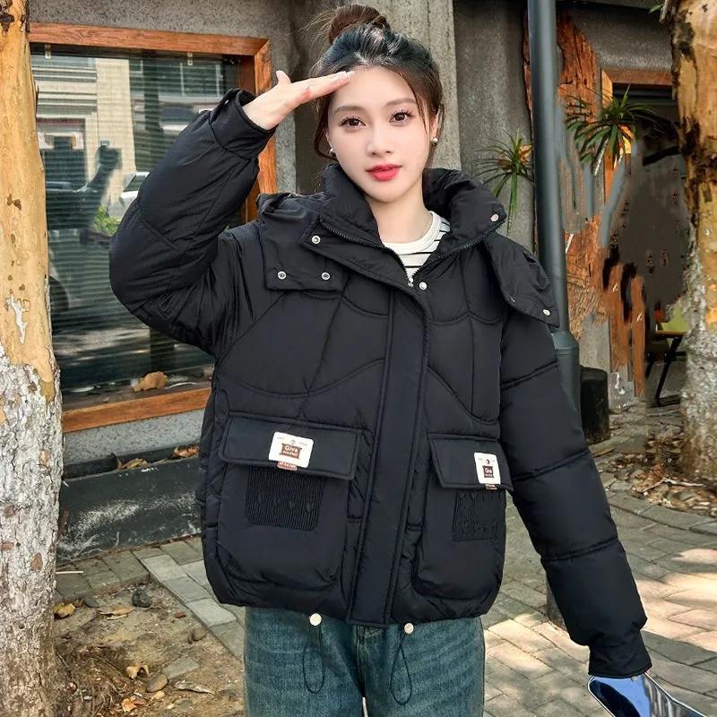 

Пуховик Зимняя Толстая Куртка с Набивкой Капюшоном Свободная Короткая Модная Куртка с Набивкой M чёрный