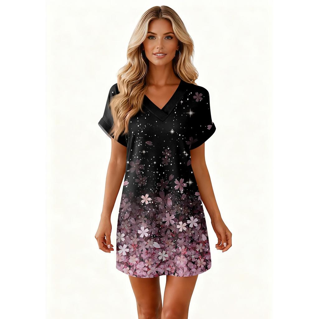 Women's Fashion Print V-Neck Short Sleeve Pocket Casual Pullover Dress