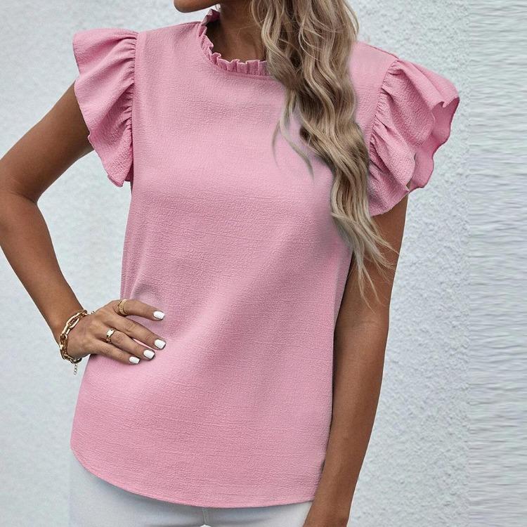 Sweet Women's Solid Color Ruffle Blouse Round Neck Tank Top Spring Summer Shirt