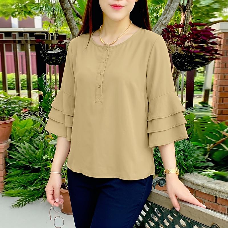 ZANZEA Women Casual Round Neck Solid Color Loose 3/4 Sleeve Blouse