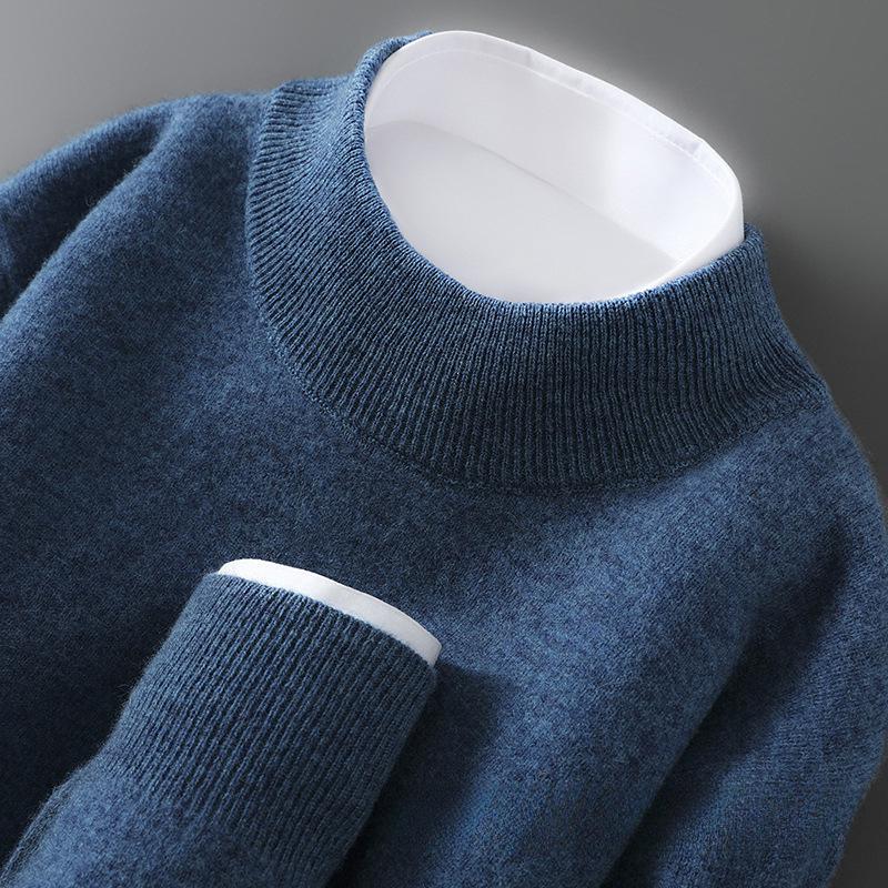 Men's Pure Wool Cashmere Knit Pullover - Autumn/Winter Half-High Neck Sweater