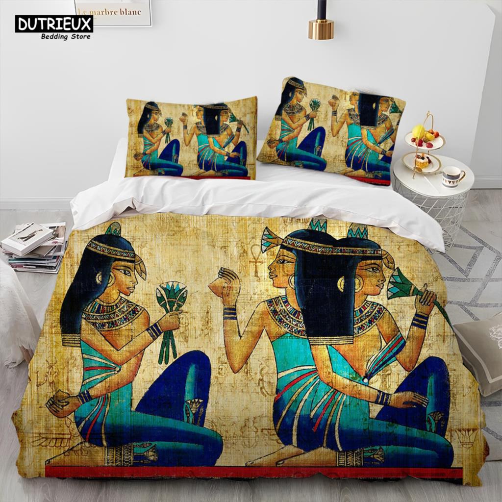 Egyptian Mythology Pharaoh Hieroglyphics Comforter Bedding Set,Duvet Cover Bed Set Quilt Cover Pillowcase,Queen Size Bedding Set