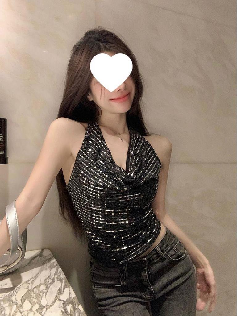 Sparkly Sequin Cowl Neck Halter Top - Backless and Sleeveless for Summer