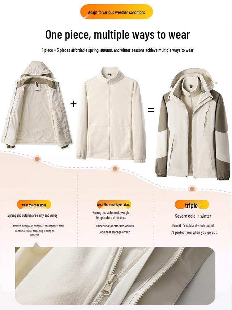Unisex 3-in-1 Fleece-Lined Jacket Set, Detachable and Customizable with Logo