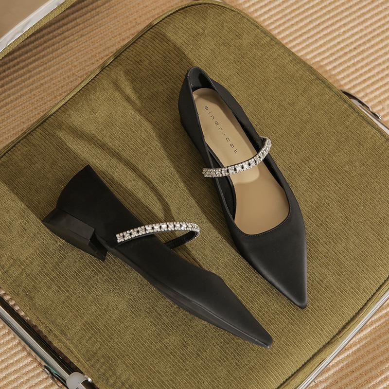 

29810 [sheepskin] thick-heeled flat shoes for women s 2025 new pointed rhinestones with Mary Jane single shoes 35