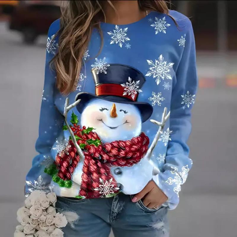 Women's Long Sleeve Round Neck Sweatshirt Christmas New Style Autumn Winter Pullover Printed Polyester Fiber Streetwear