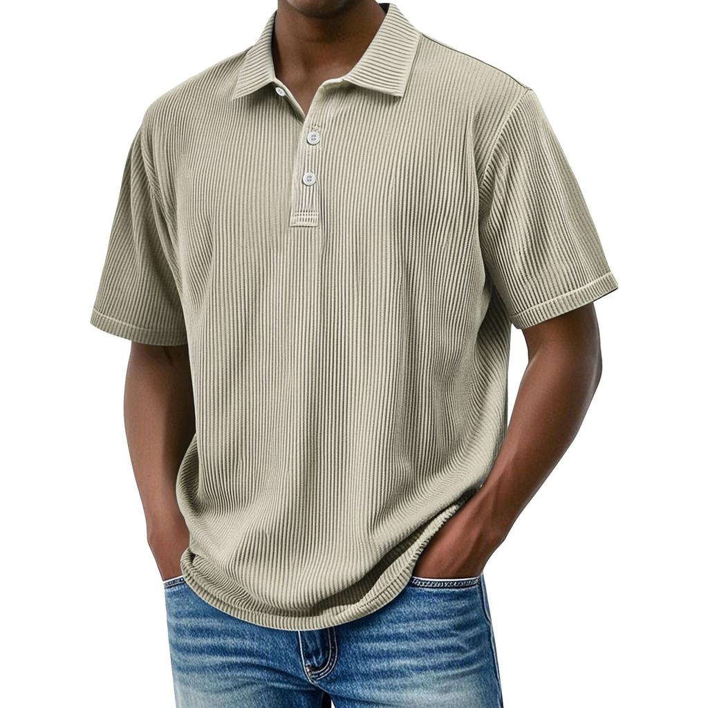 Pánské letní jednobarevné pruhované texturované volné tričko s krátkým rukávem a knoflíkovým límečkem