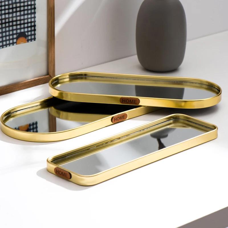 Nordic Gold Mirror Tray Light Luxury Home Jewelry Tray Rectangular Storage Tray Simple Table Decoration Ornaments Shooting Props